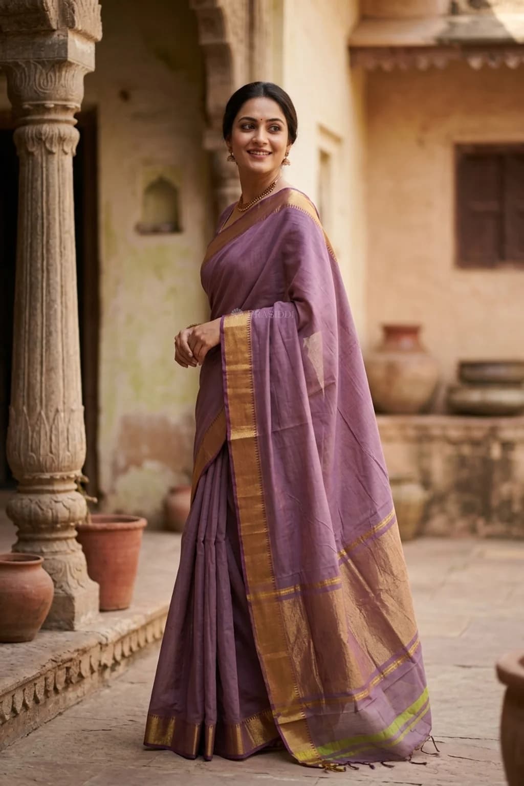 Plum Mangalgiri Cotton Saree with Classical Border and Woven Design. – Model Displaying Full Saree