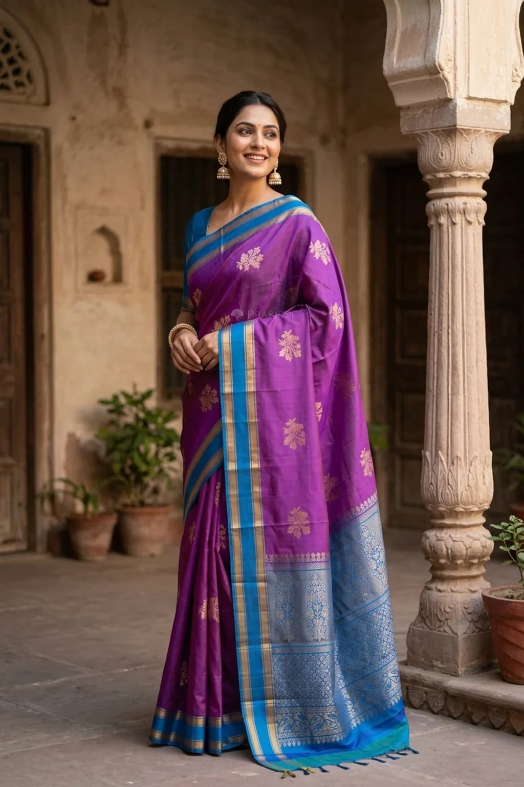 Plum Silk Saree with Royal Blue Classical Border Displayed Elegantly. – Model Displaying Full Saree