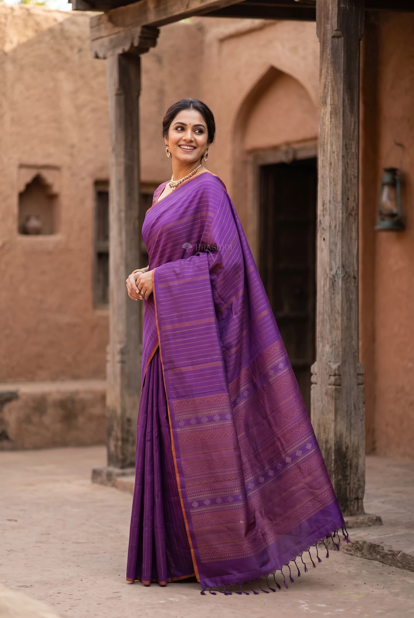 Plum Soft Silk Saree with Medium Woven Design, No Border, Ideal for Festive Occasions. – Model Displaying Full Saree