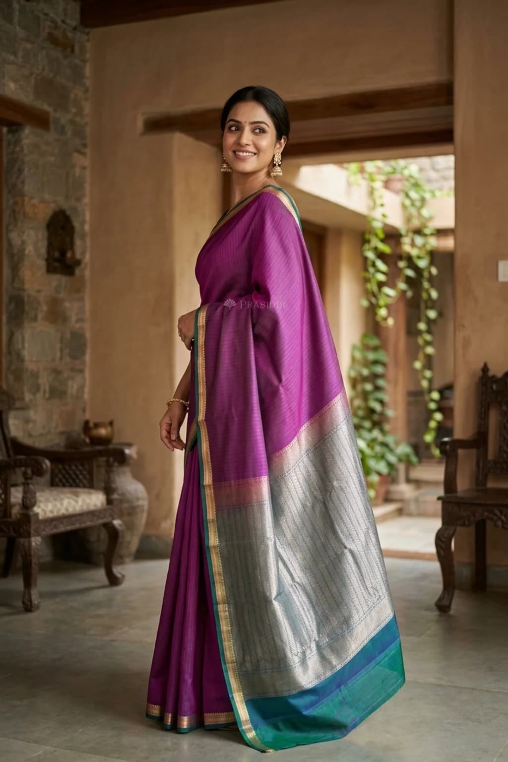 Plum Soft Silk Saree with Teal Blue Contrast Border and Grand Pallu. – Model Displaying Full Saree