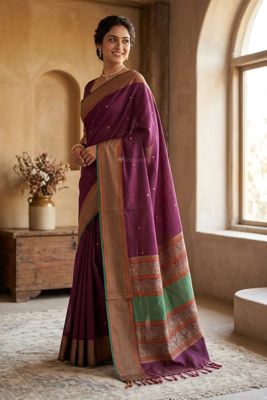Purple and Emerald Green Tadapathri Cotton Saree with Classical Beige Border and Thread Butta Design. – Display Image