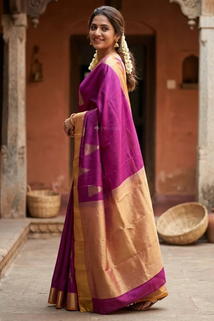 Purple and Light Rust Silk Saree with Contrast Border – Display Image
