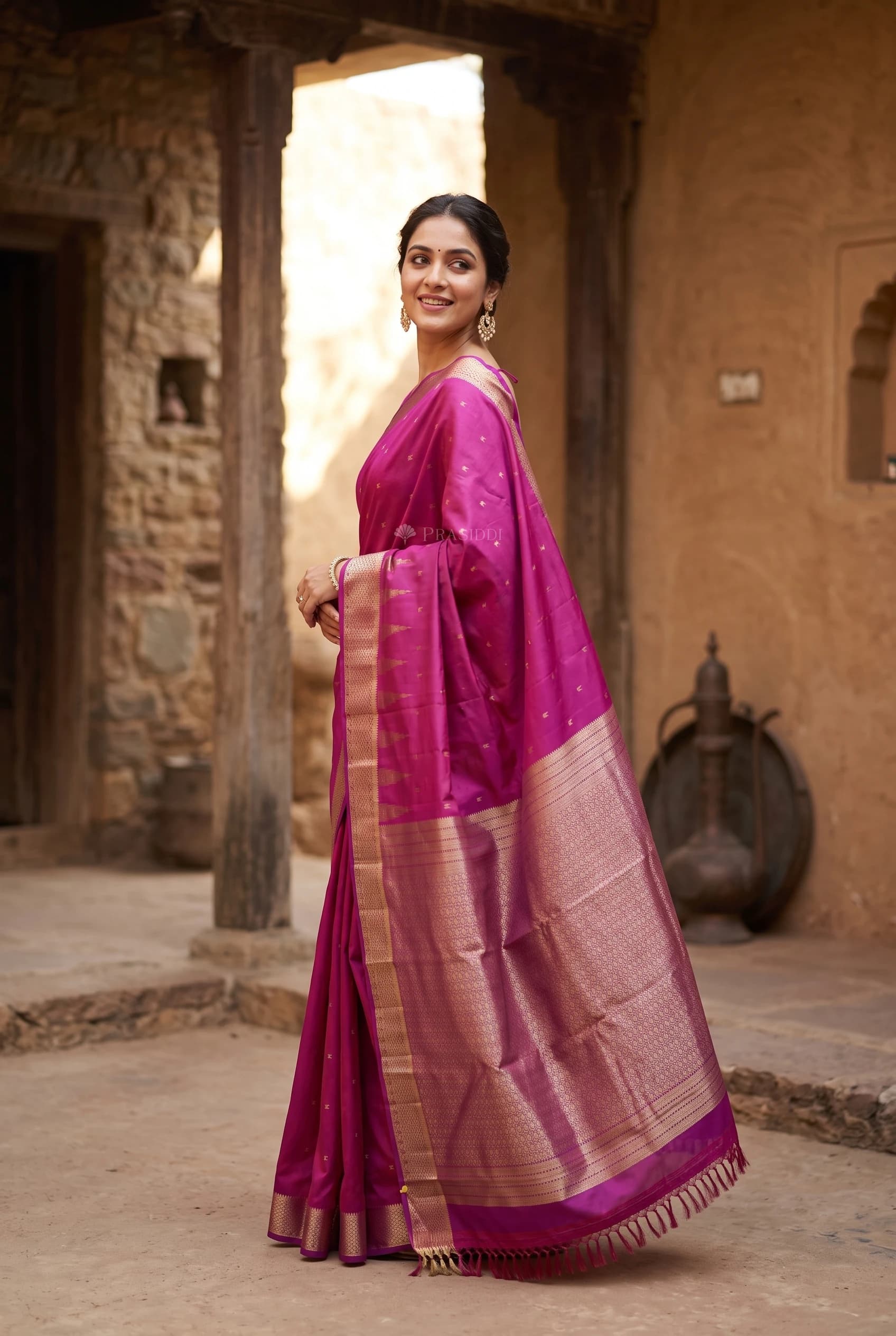 Purple and Lilac Traditional Silk Saree with Woven Motifs and a Lilac Border. – Model Displaying Full Saree