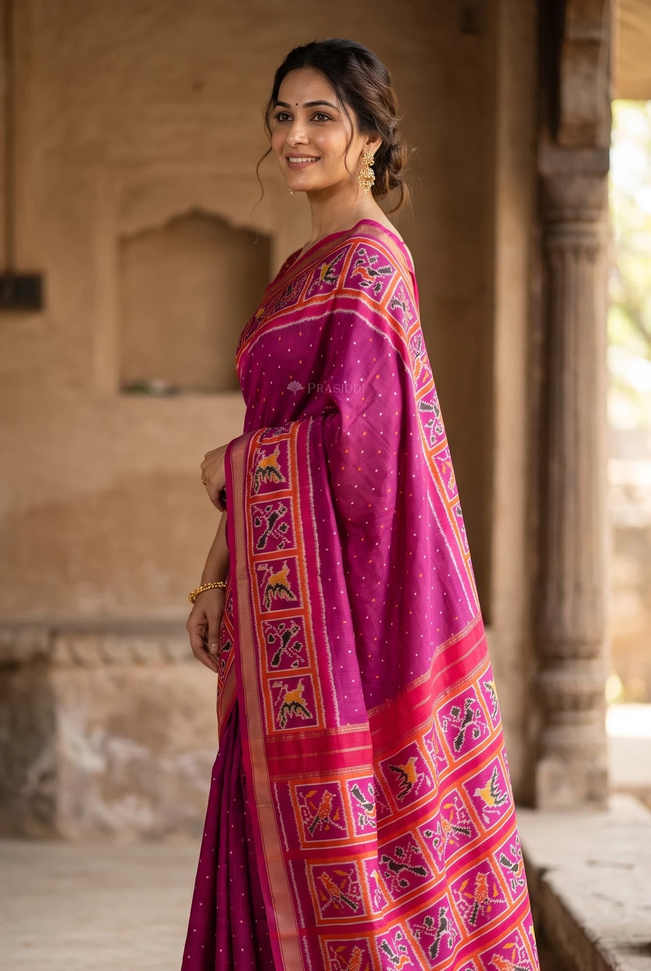 Purple and Magenta Ikat Silk Saree with Contrast Classical Border – Display Image