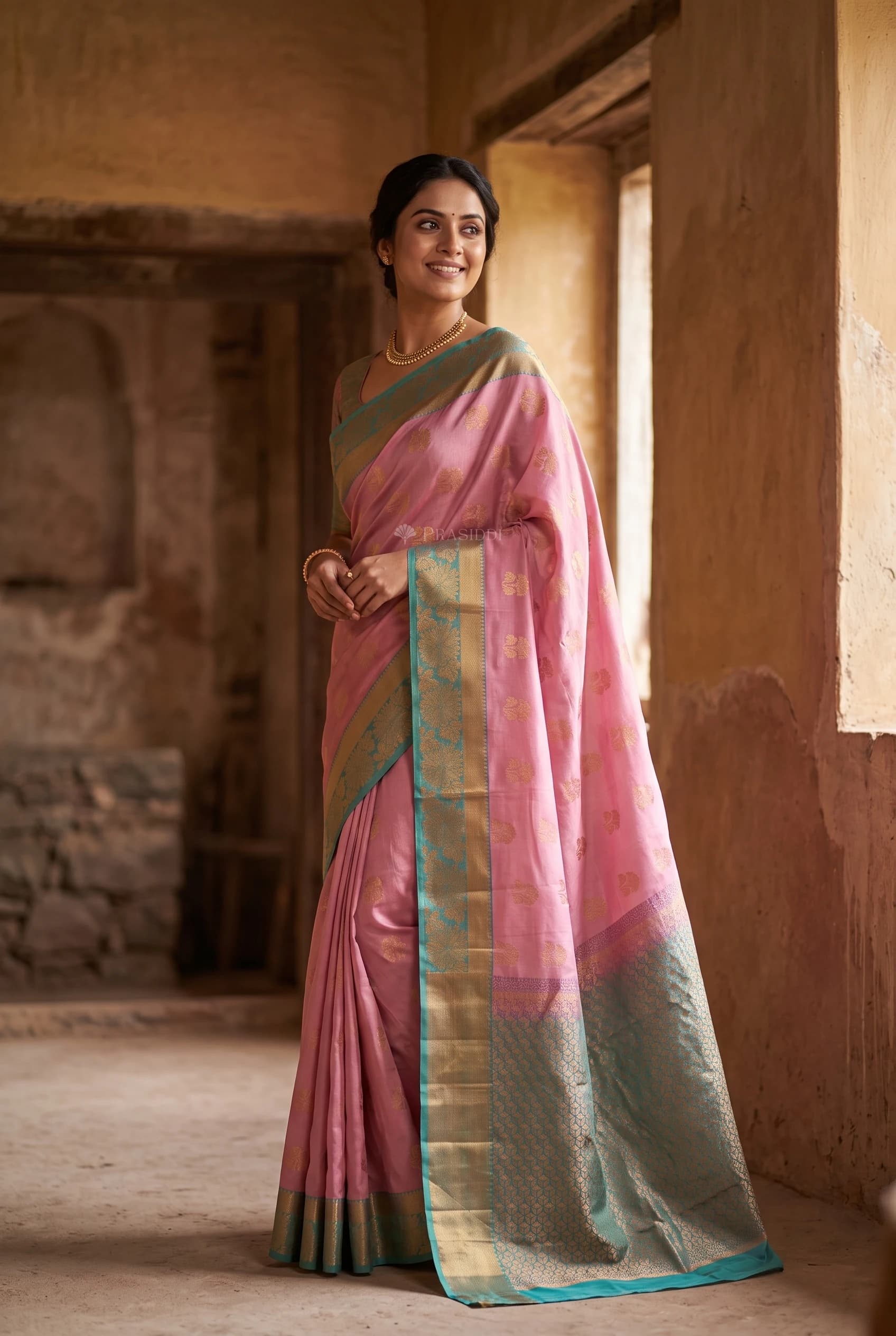 Purple and Teal Blue Silk Cotton Saree with Woven Motifs and Contrast Border. – Model Displaying Full Saree