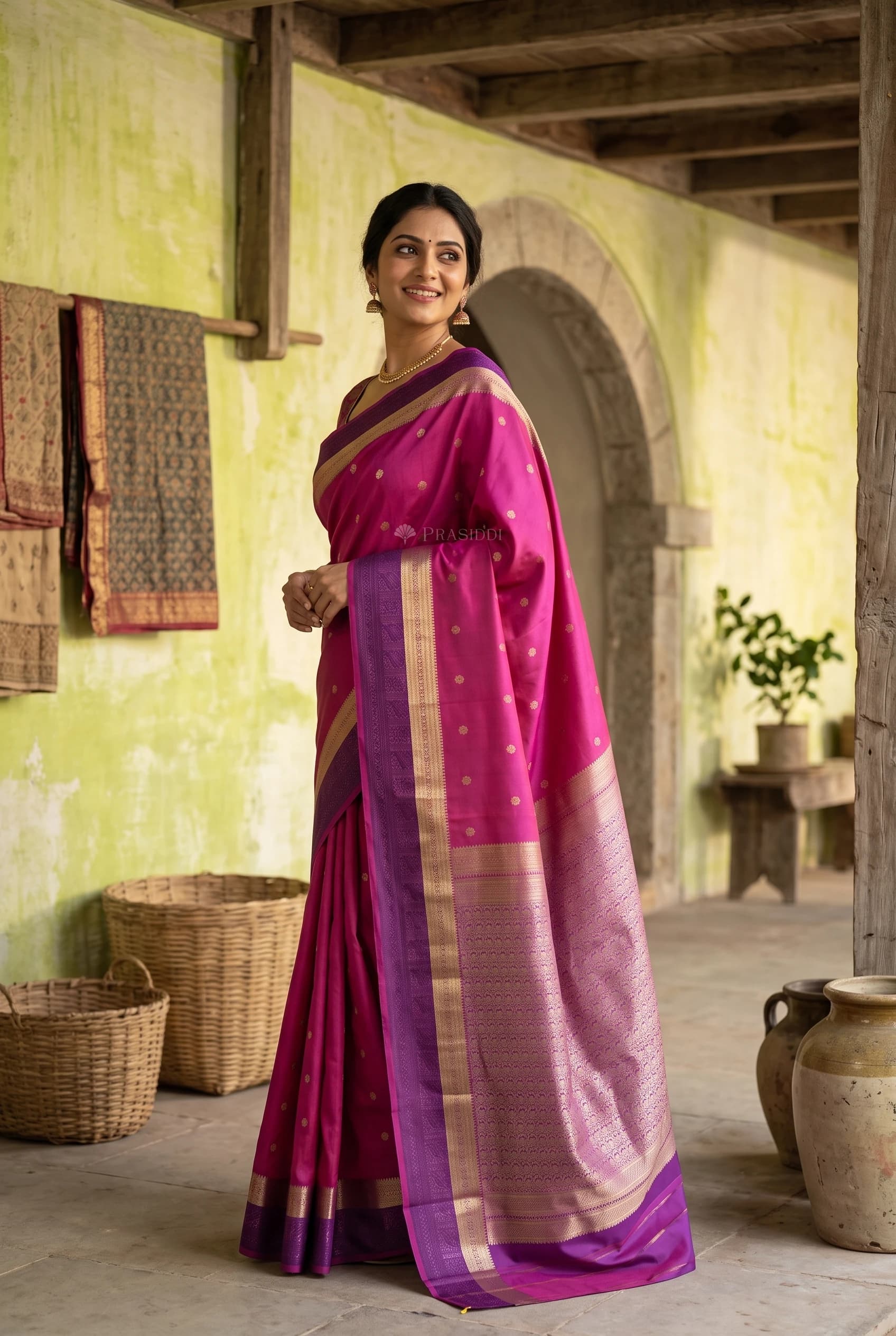 Purple and Violet Traditional Silk Saree with Classical Contrast Border and Plum Pallu. – Model Displaying Full Saree