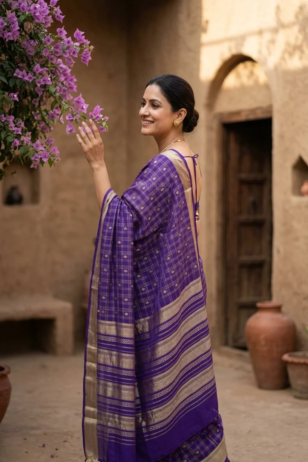 Purple Mysore Silk Saree with Classical Border, Woven Design, and Dense Pattern. – Model Displaying Full Saree