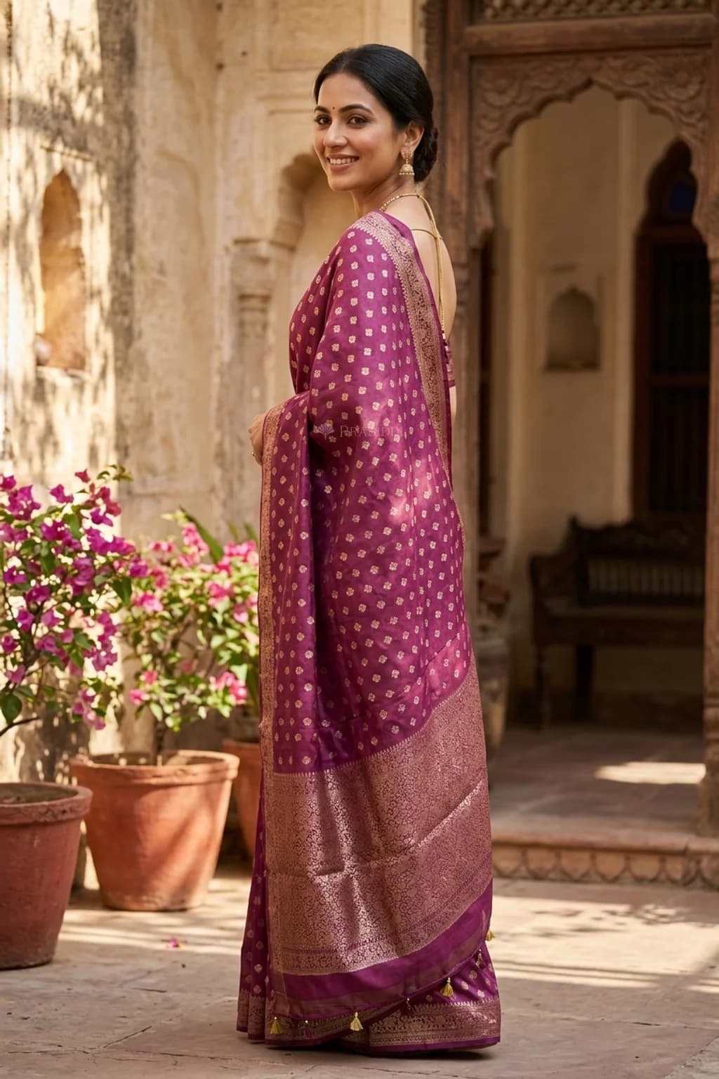 Purple Silk Cotton Saree Featuring Butti Motifs and a Classical Border. – Model Displaying Full Saree