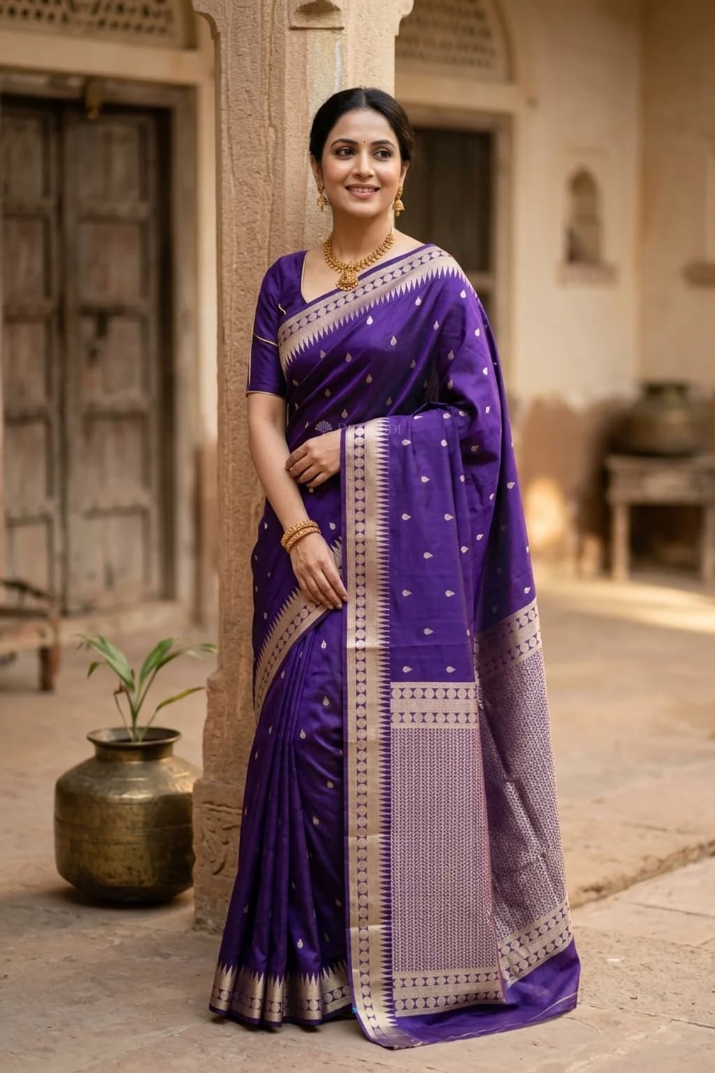 Purple Silk Saree with Woven Work and Motifs and classical border border – Model Displaying Full Saree