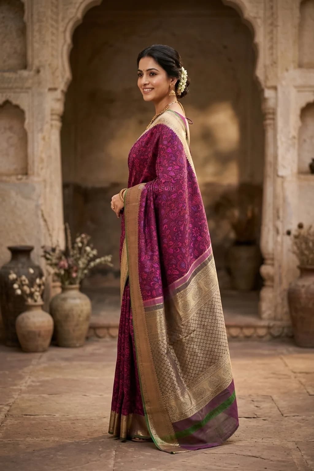 Purple & Slate Blue - Purple Silk Saree with Woven, Printed Work and Classical Border – Model Displaying Full Saree