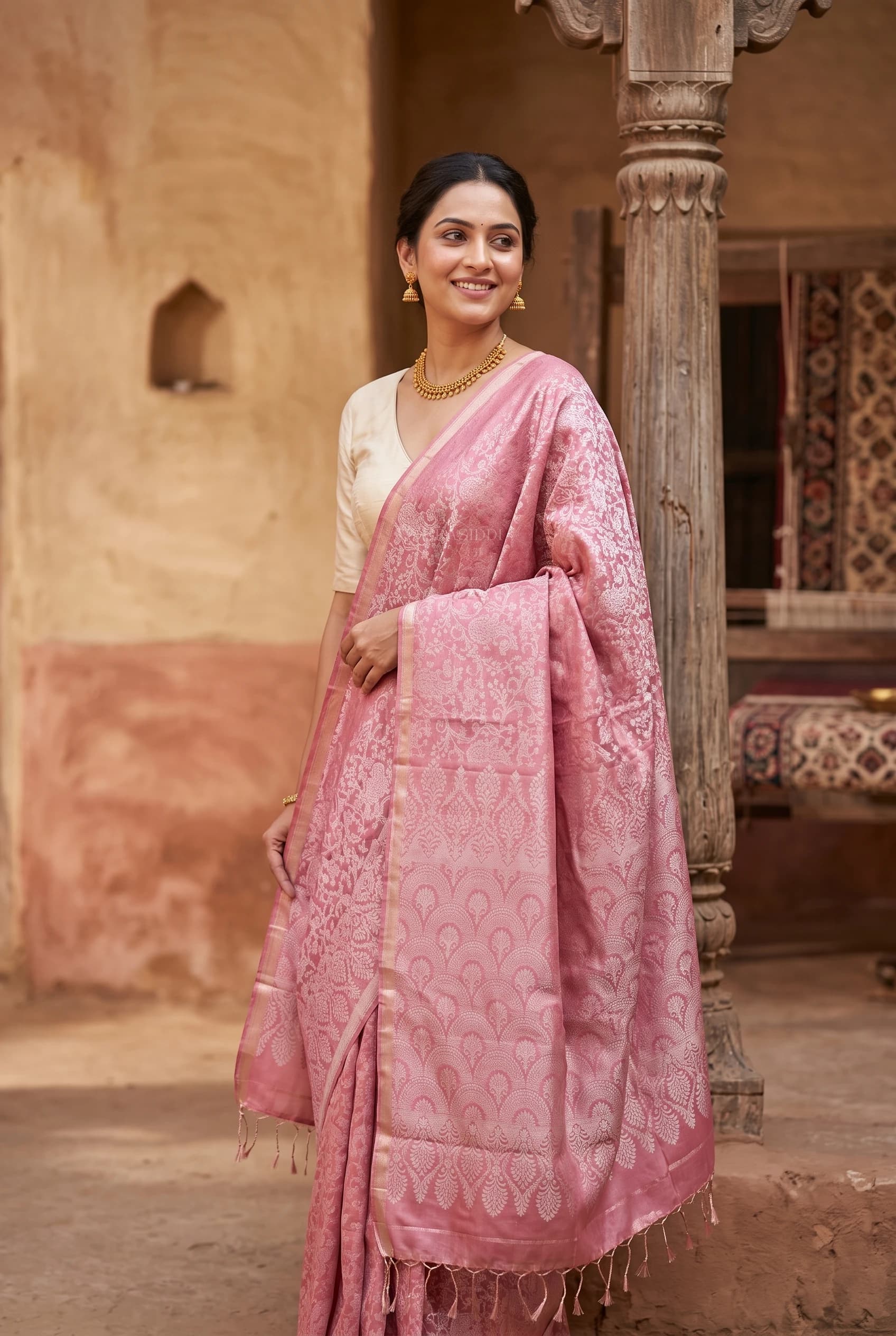 Purple Soft Silk Saree with a Dense Woven Design and No Border. – Model Displaying Full Saree