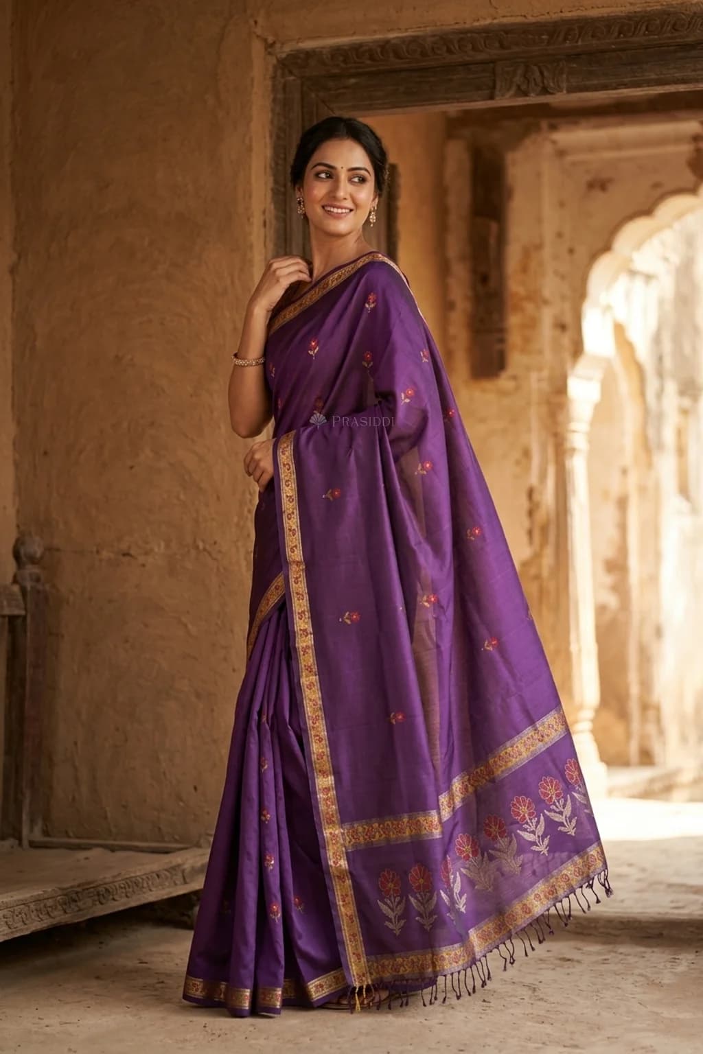 Purple Soft Silk Saree with Woven Work and Meenakari Motifs and designer border border – Model Displaying Full Saree