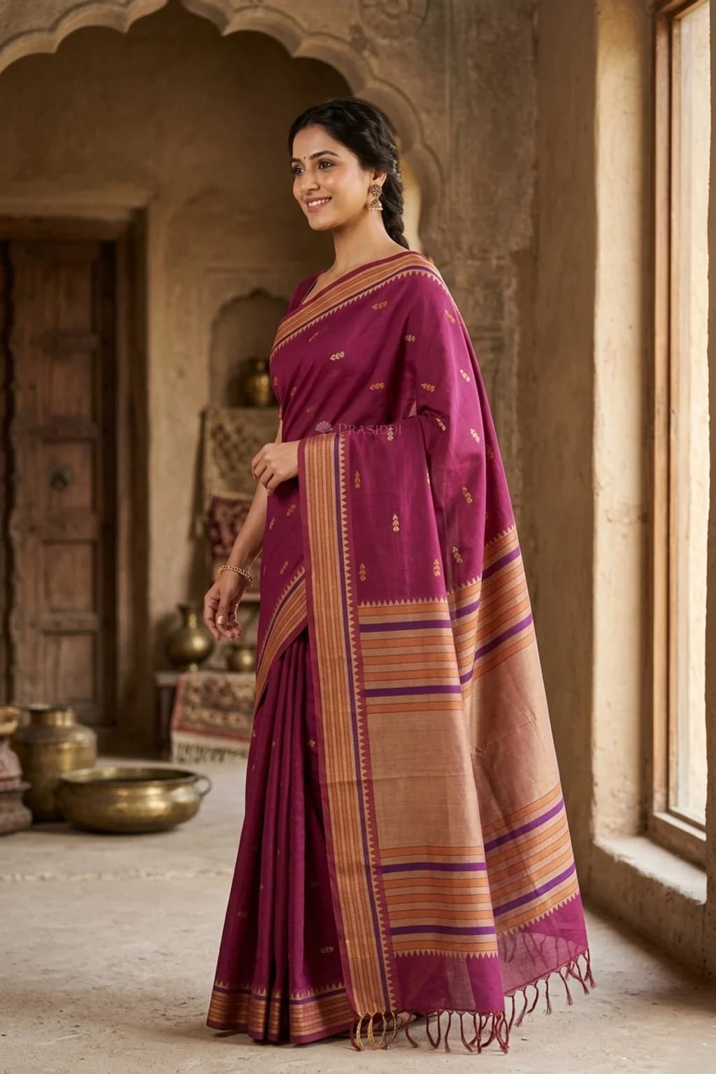 Purple Tadapathri Cotton Saree with Thread Butta and Multicolor Border – Model Displaying Full Saree
