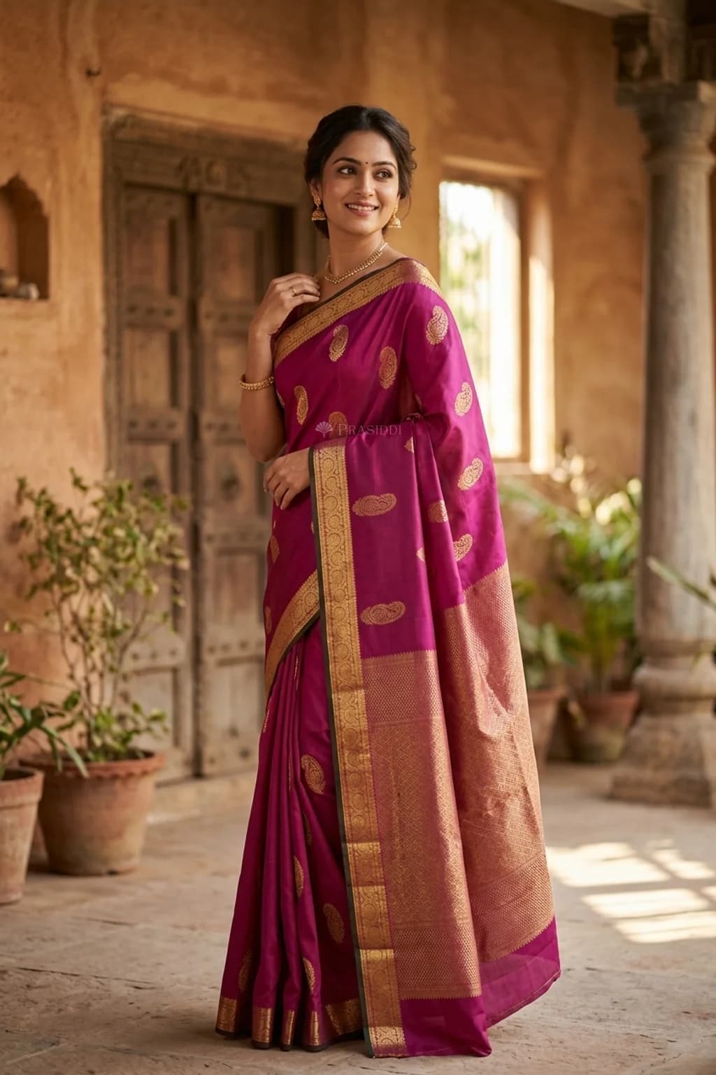 Rani Pink & Bottle Green Silk Saree with Woven Work and Zari Motifs and classical border border – Model Displaying Full Saree