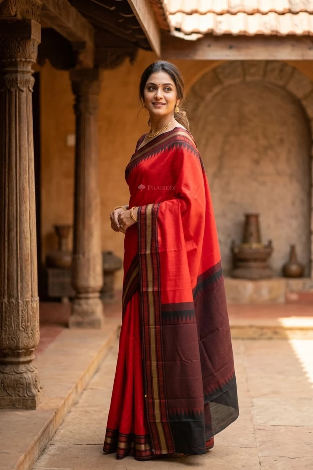 Red and Black Contrast Border Silk Saree Displayed Elegantly. – Model Displaying Full Saree