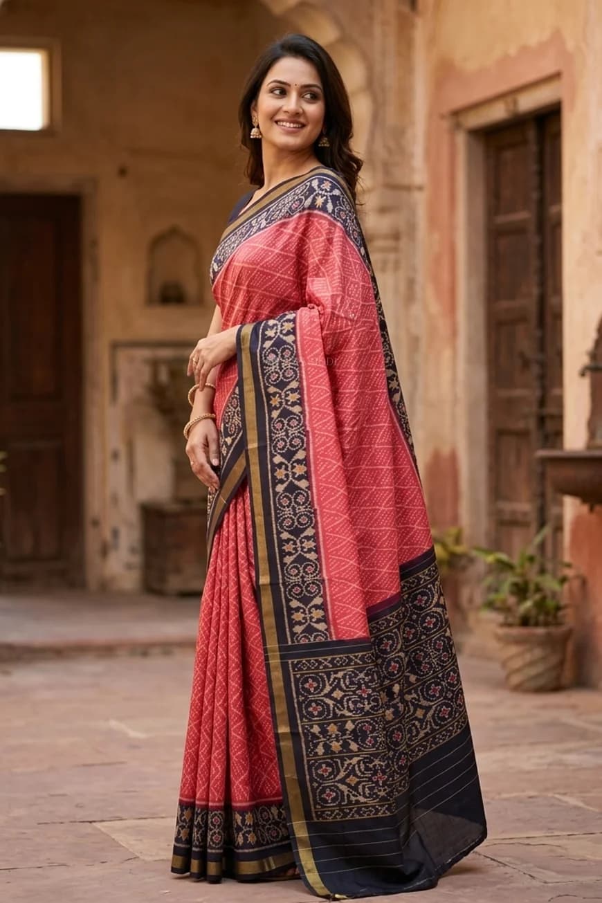 Red and Black Patola Silk Saree with Classical Border and Pallu – Display Image
