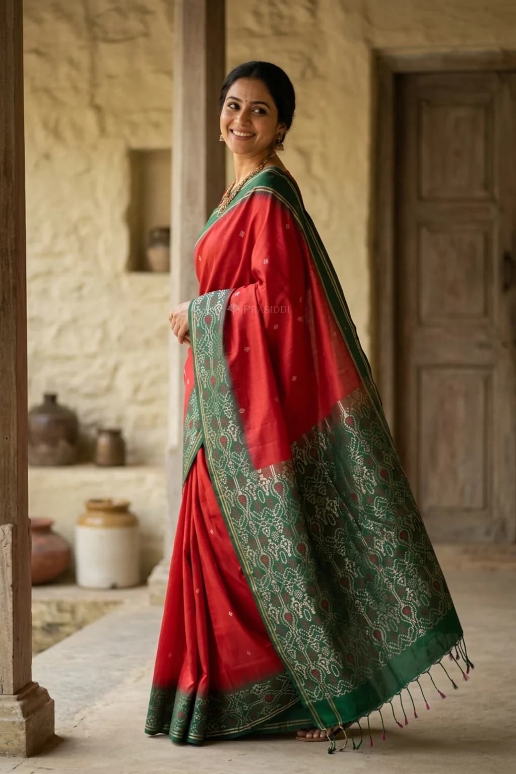 Red and Green Soft Silk Saree with Butti Motifs and Contrast Border. – Model Displaying Full Saree