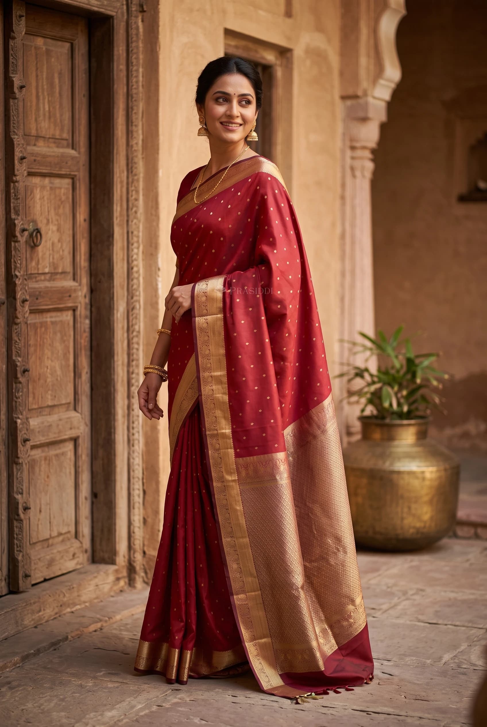 Red and Maroon Traditional Silk Saree with Contrast Woven Zari Border. – Model Displaying Full Saree