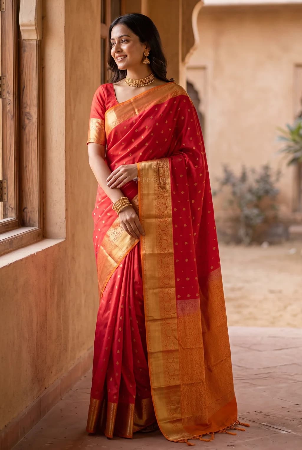 Red and Tangerine Traditional Silk Saree with Classical Border and Grand Pallu. – Display Image