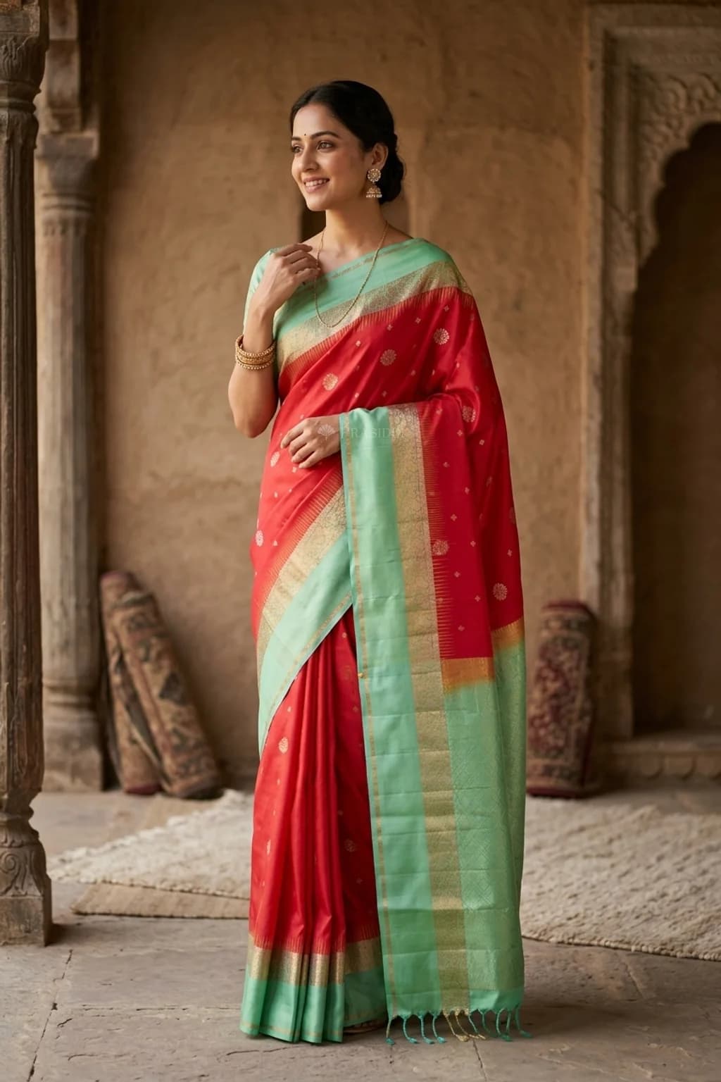 Red & Emerald Green Soft Silk Saree with Woven Work and Butti Motifs and contrast border border – Model Displaying Full Saree