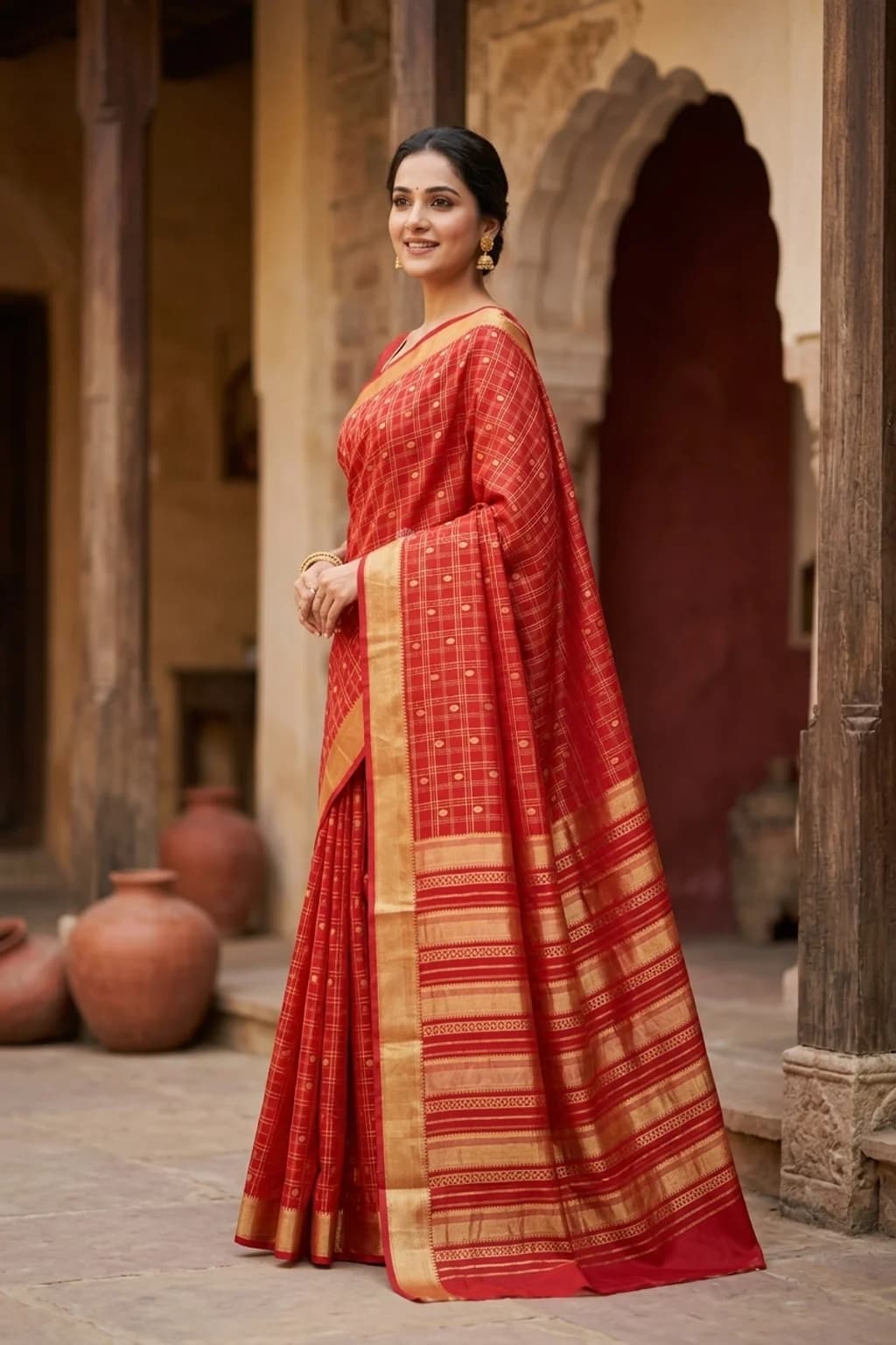 Red Mysore Silk Saree with Classical Border and Woven Design. – Model Displaying Full Saree