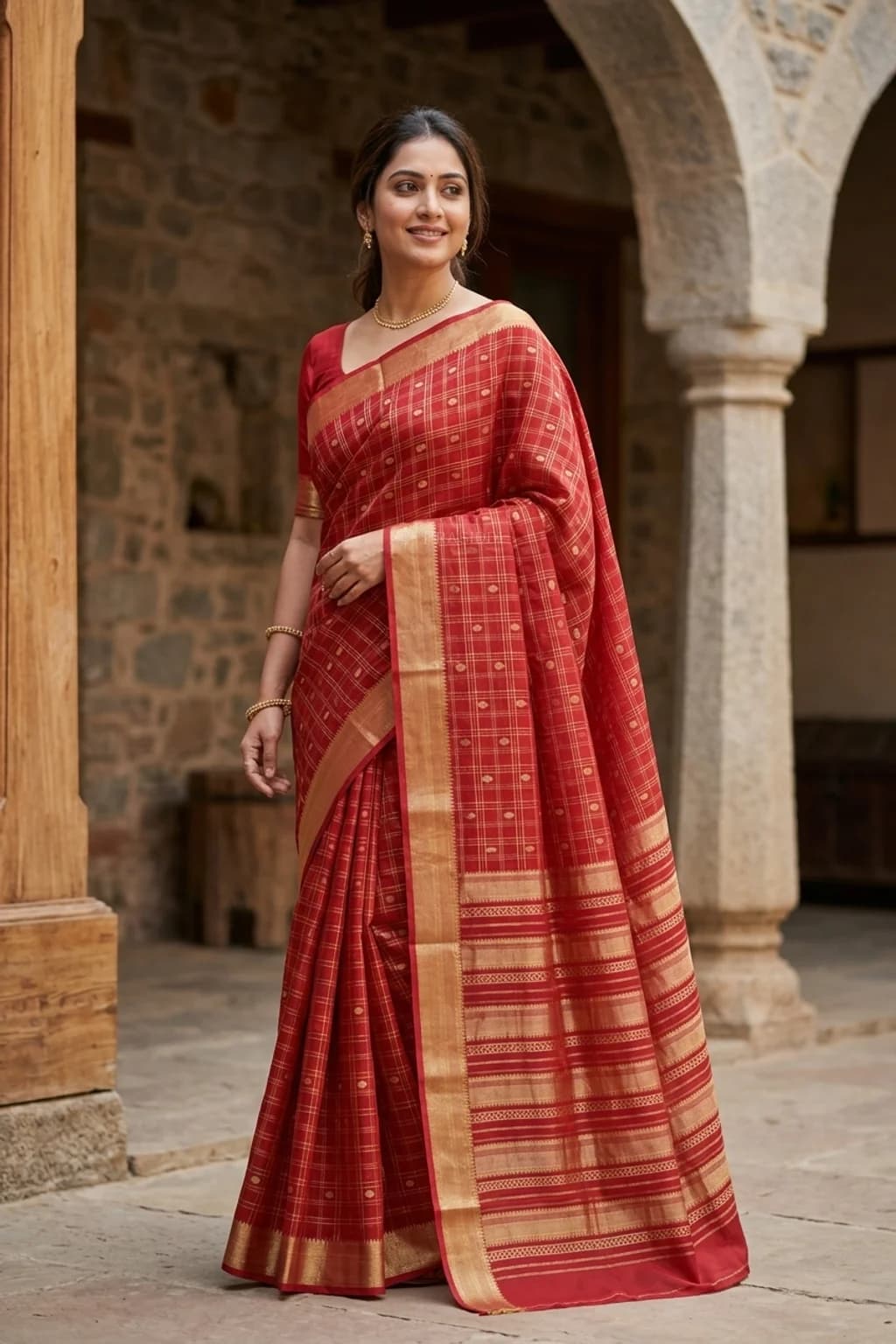 Red Mysore Silk Saree with Classical Border and Woven Design – Model Displaying Full Saree