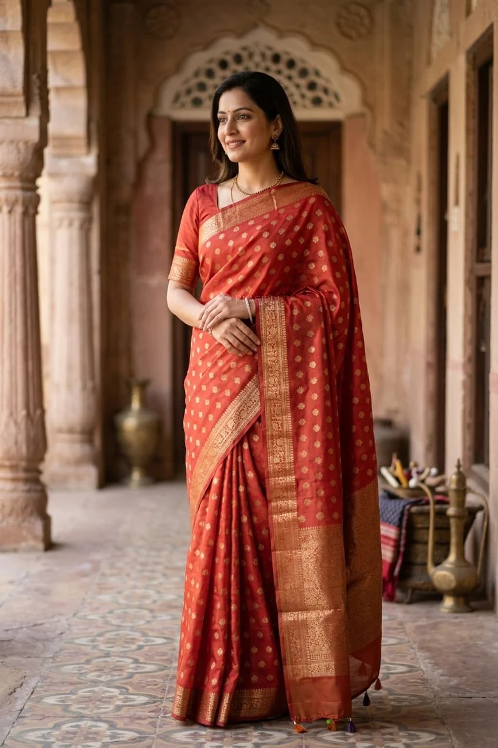 Red Silk Cotton Saree with Butti Design and Classical Border – Model Displaying Full Saree