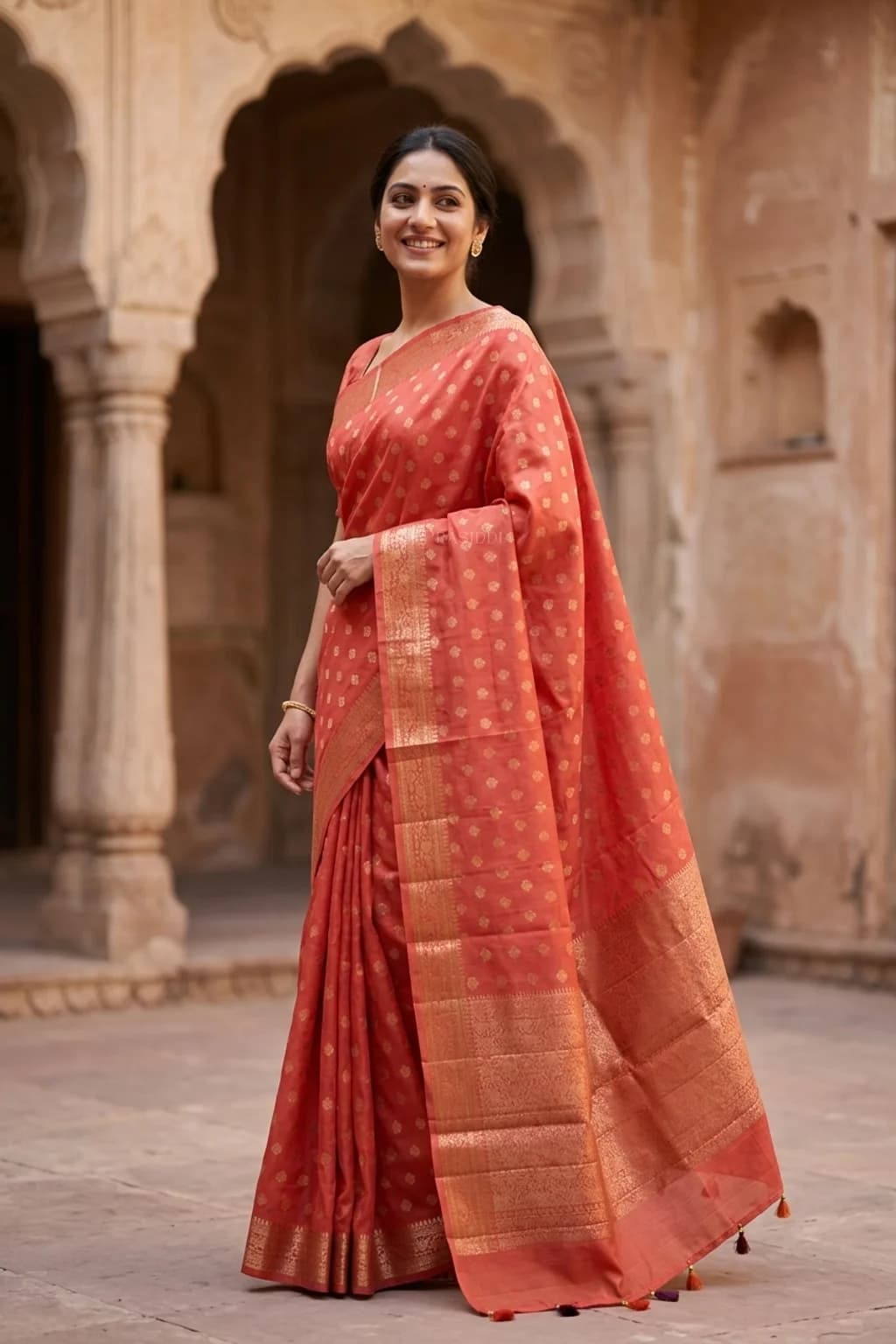 Red Silk Cotton Saree with Classical Border and Butti Motif – Model Displaying Full Saree