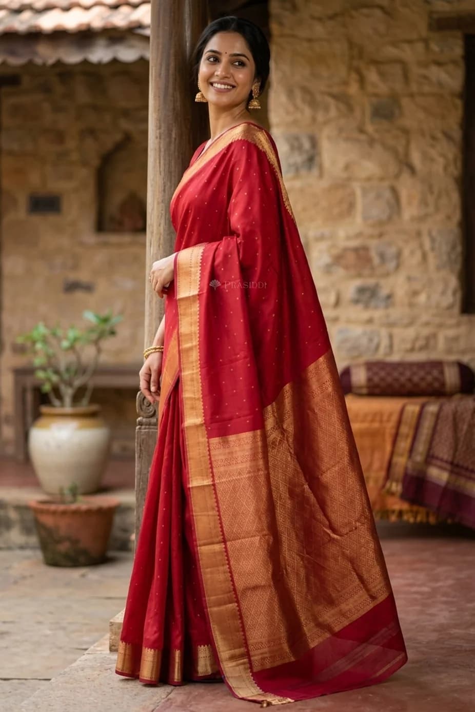 Red Silk Saree Featuring Butti Motif and Classical Border. – Display Image