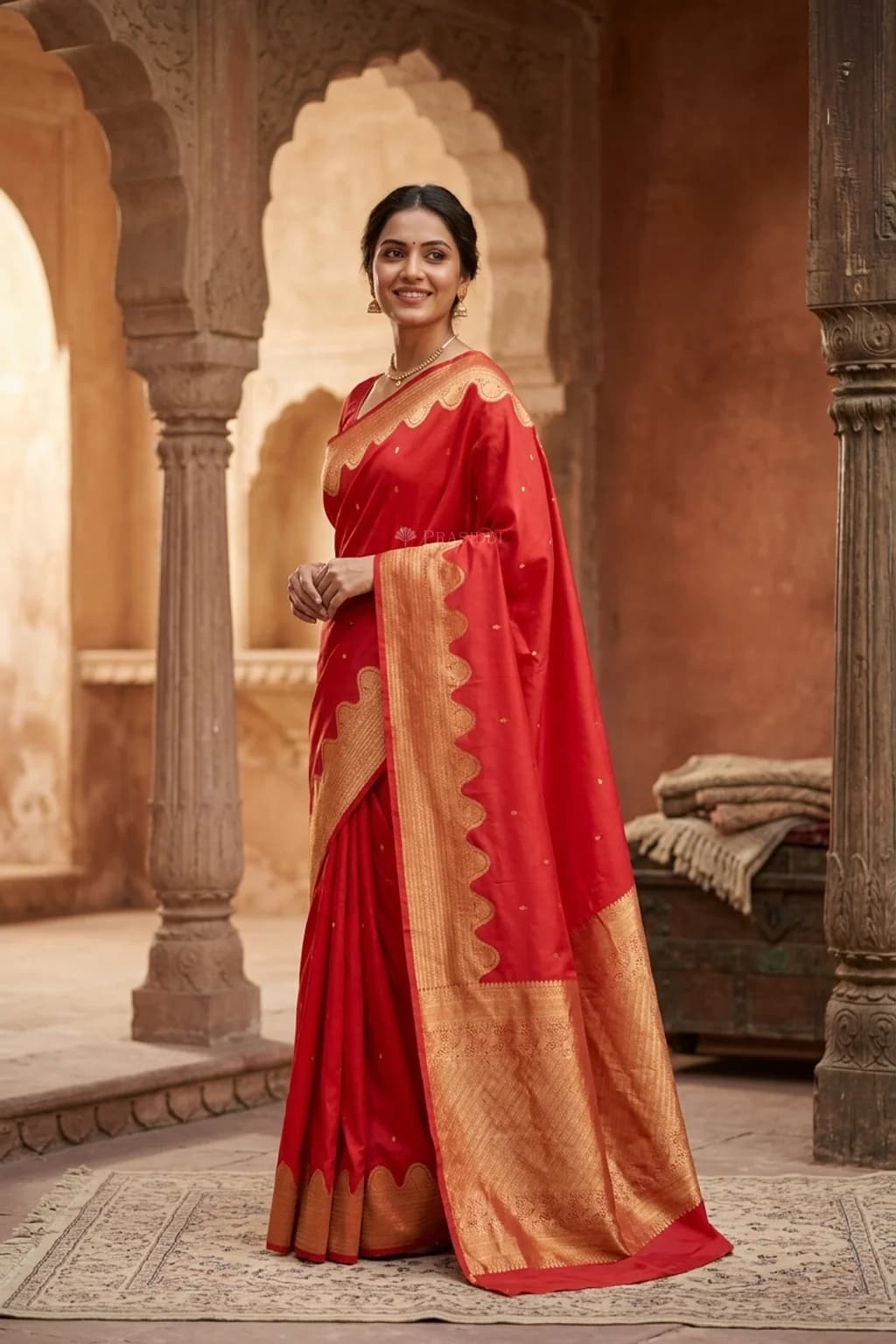 Red Silk Saree with Butti Design and Designer Border – Model Displaying Full Saree