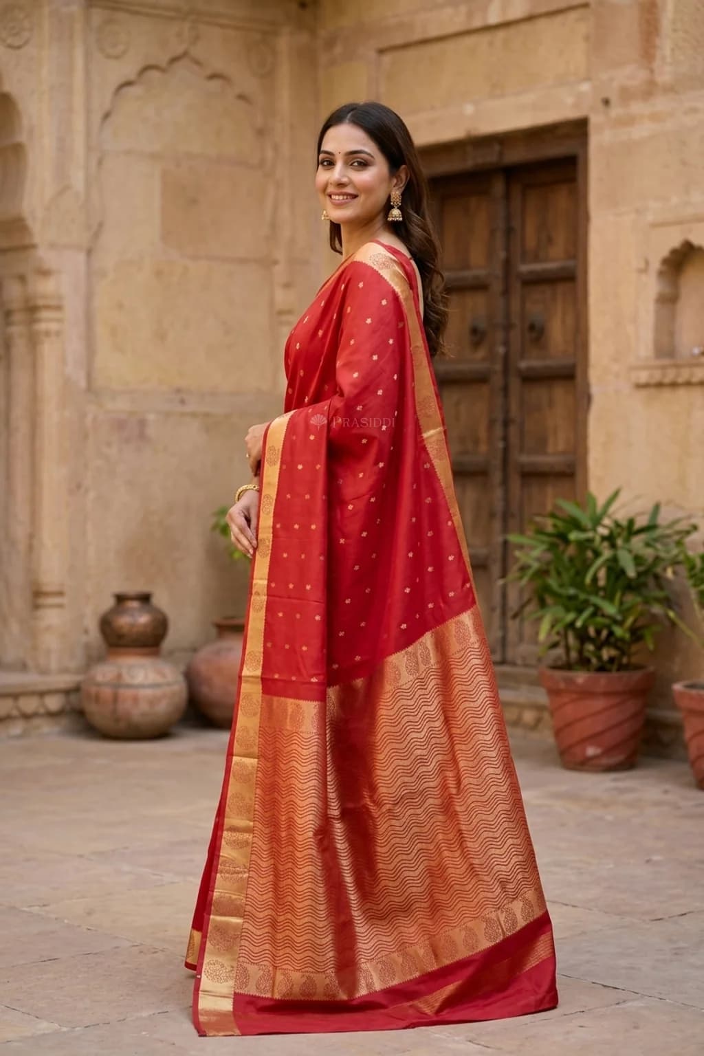 Red Silk Saree with Butti Motif and Classical Border – Model Displaying Full Saree