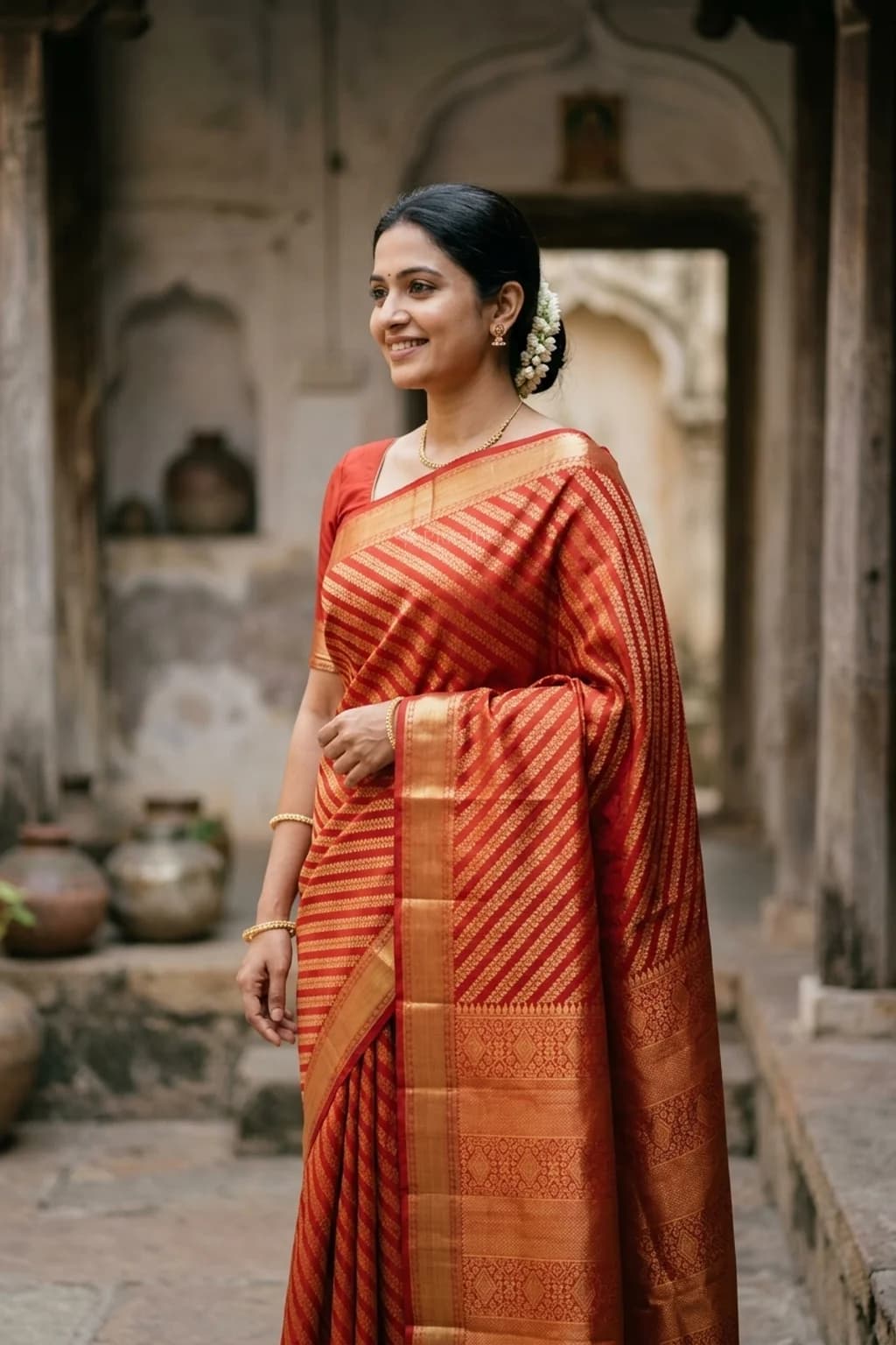 Red Silk Saree with Classical Border and Dense Woven Design – Model Displaying Full Saree