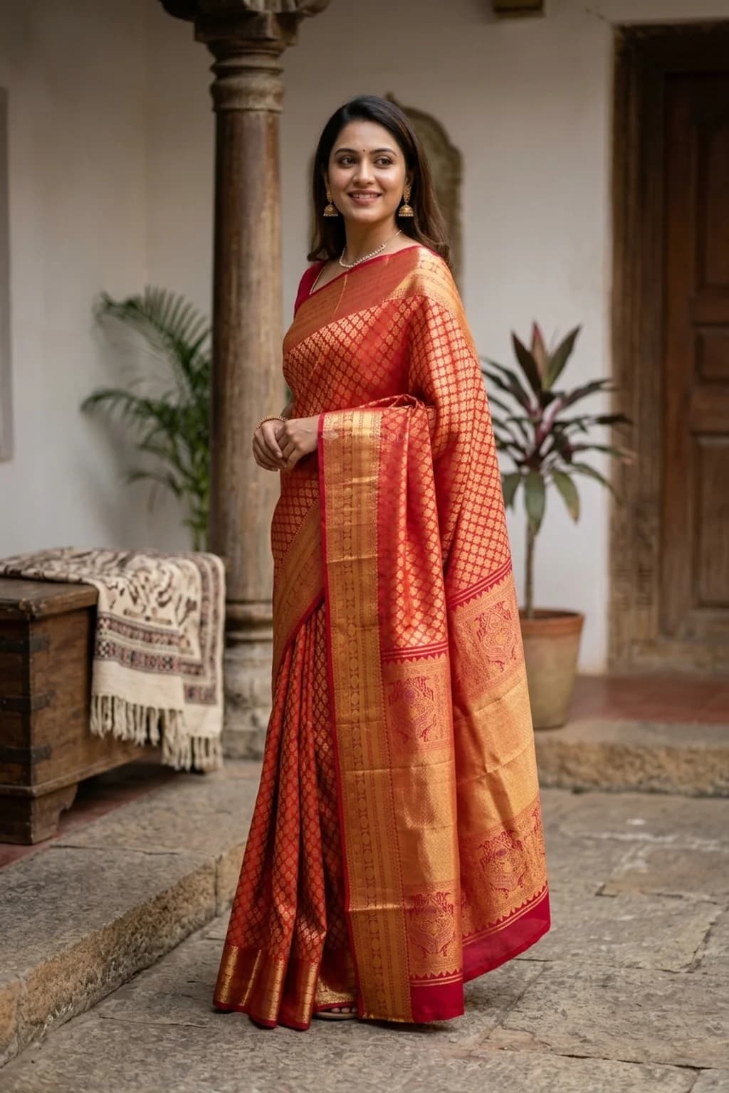 Red Silk Saree with Woven Work and Designer Border – Model Displaying Full Saree
