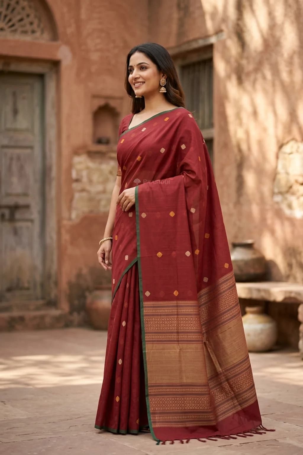 Red Tadapathri Cotton Saree with Butti Motifs, Showcasing a Soft and Breathable Fabric. – Model Displaying Full Saree