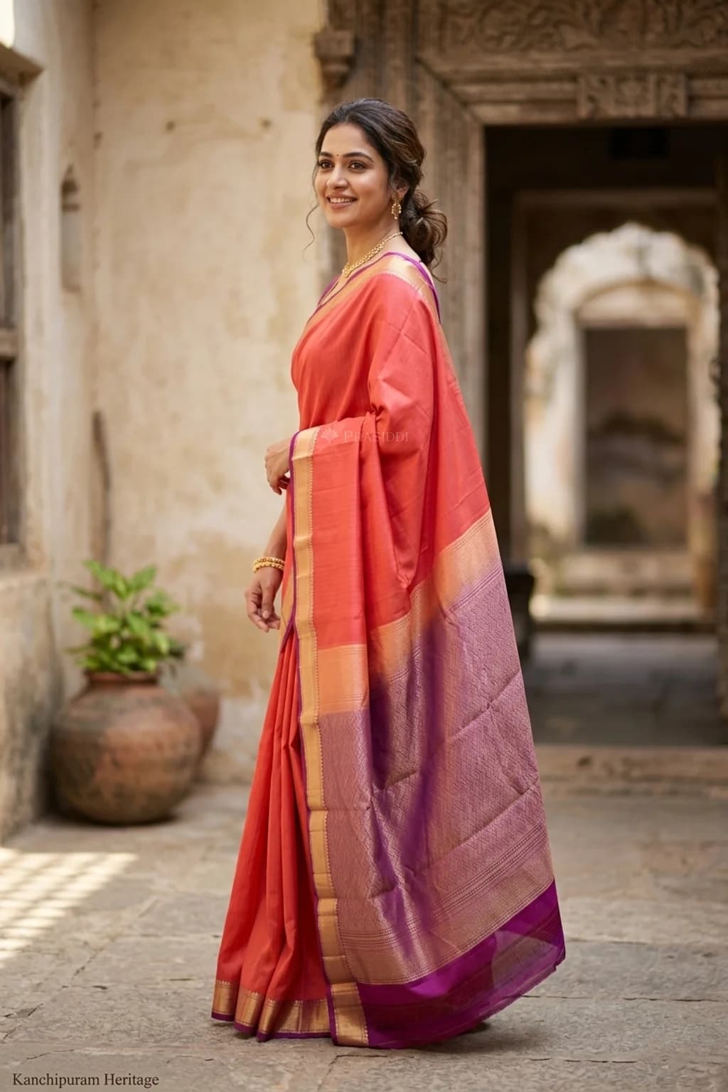 Red & Violet Soft Silk Saree with Woven Work and Classical Border, Contrast Border – Model Displaying Full Saree