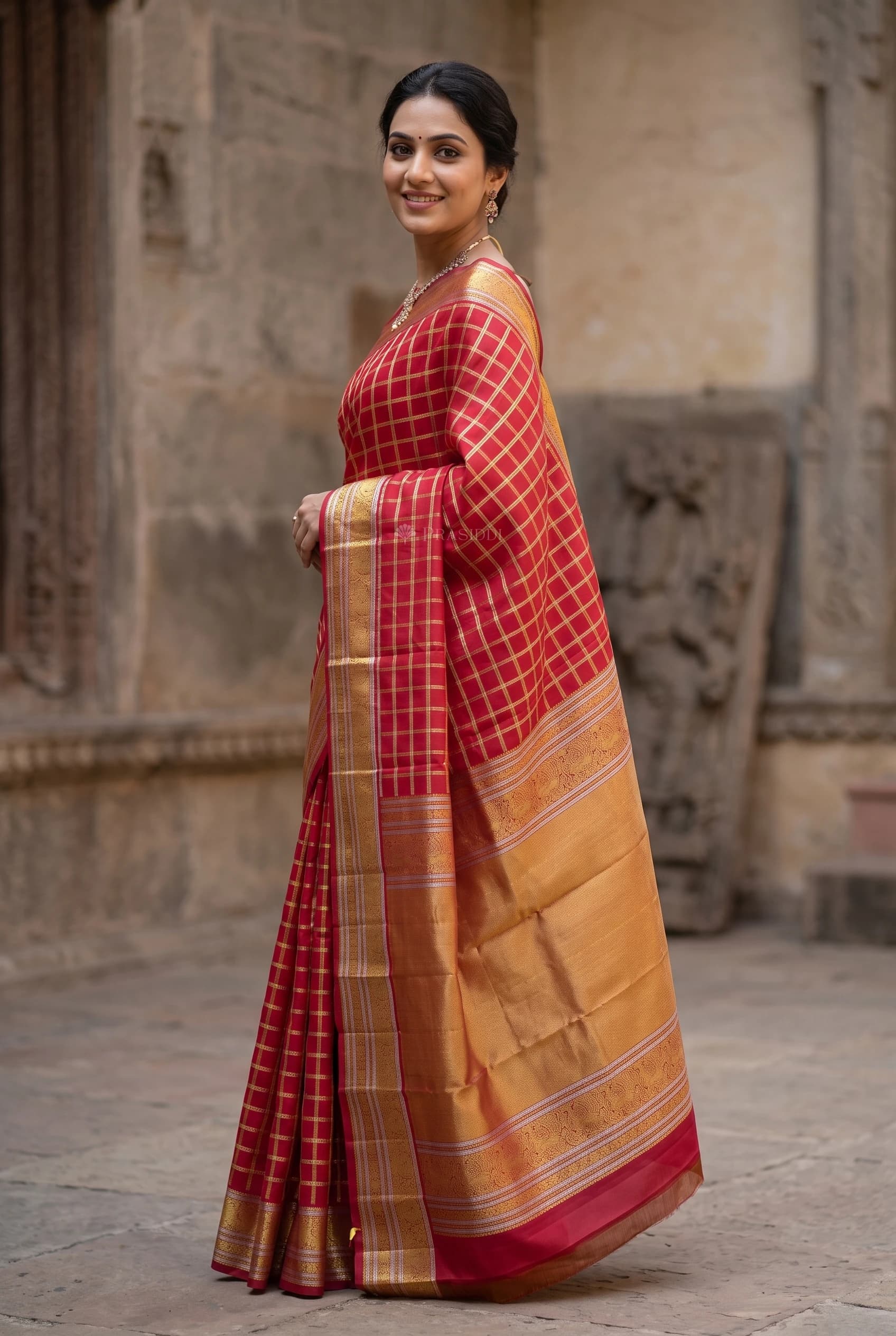 Redish Pink Silk Saree with Woven Work and Classical Border – Model Displaying Full Saree