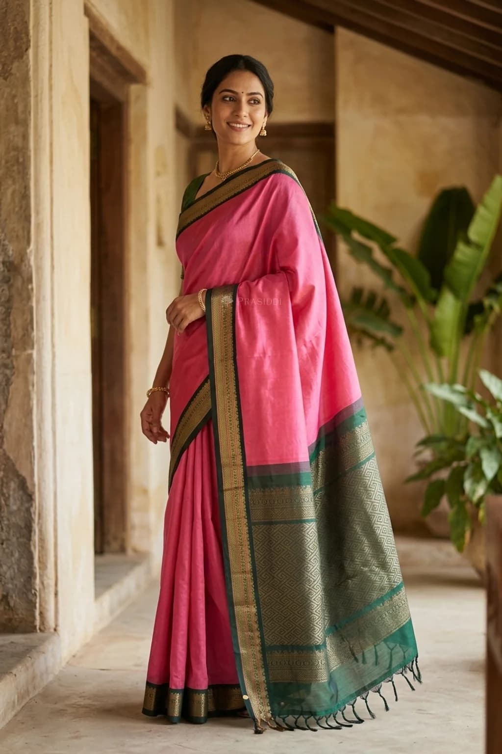 Rose Pink Pattur Silk Cotton Saree with a Bottle Green Contrast Border. – Model Displaying Full Saree