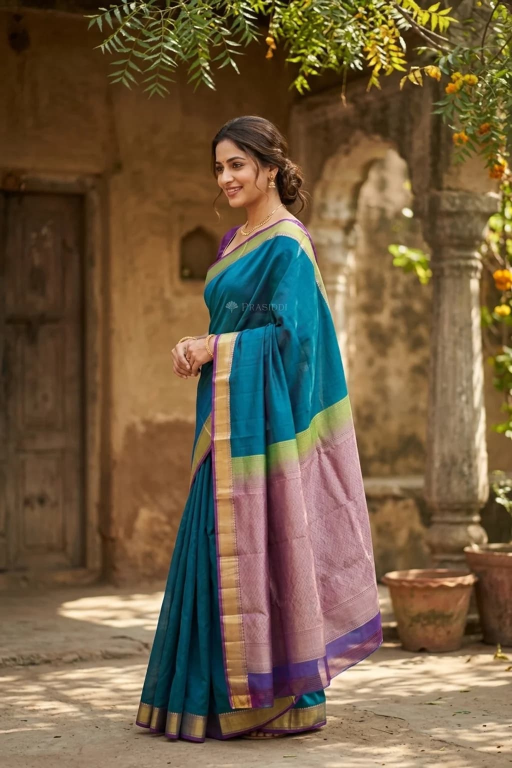 Royal Blue & Amethyst Soft Silk Saree with Woven Work and Classical Border, Contrast Border, Contrast Woven Zari – Model Displaying Full Saree