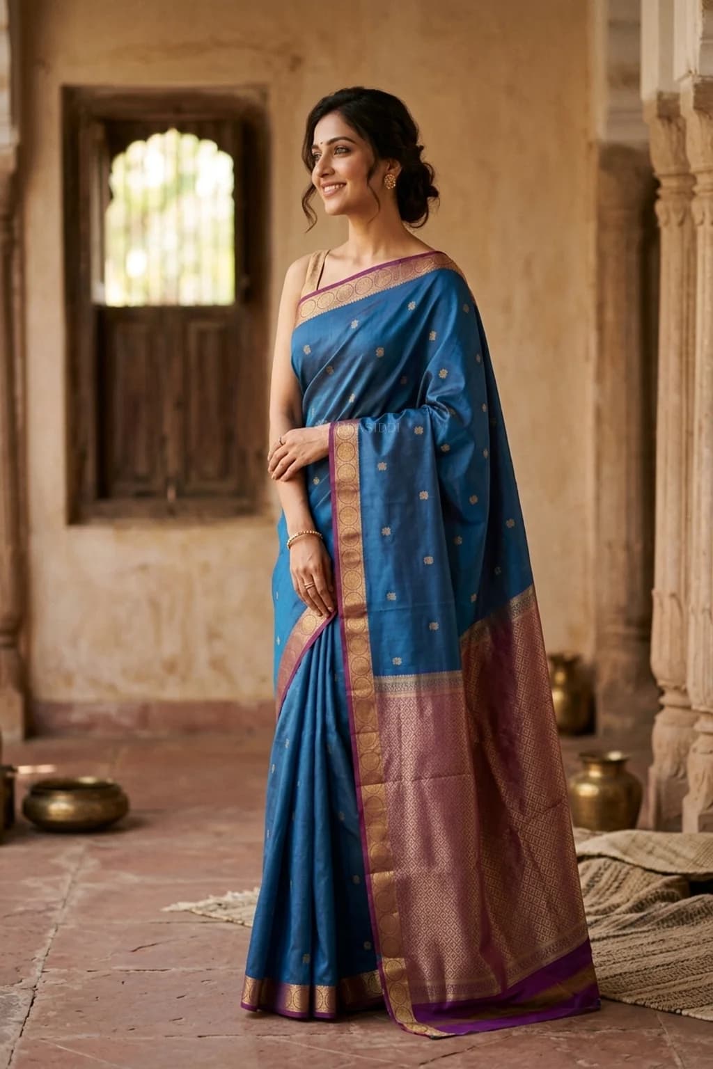 Royal Blue and Amethyst Silk Saree with Classical Border and Motifs. – Model Displaying Full Saree
