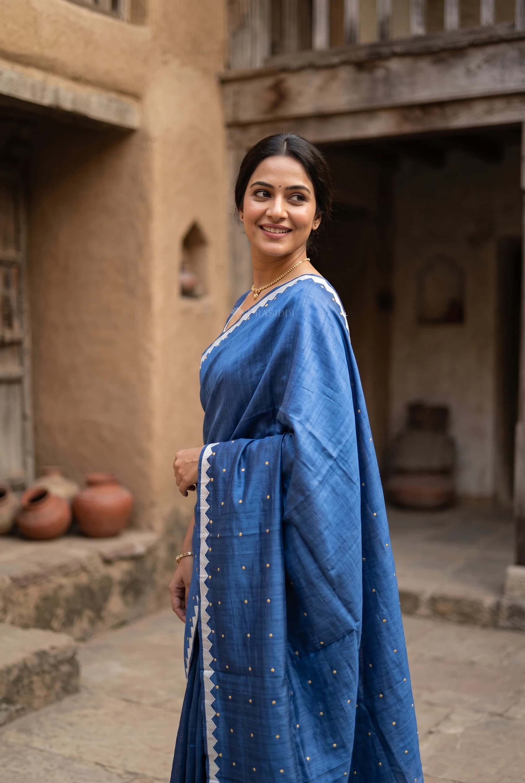 Royal Blue and Beige Embroidered Tussar Silk Saree with Minimal Border – Model Displaying Full Saree