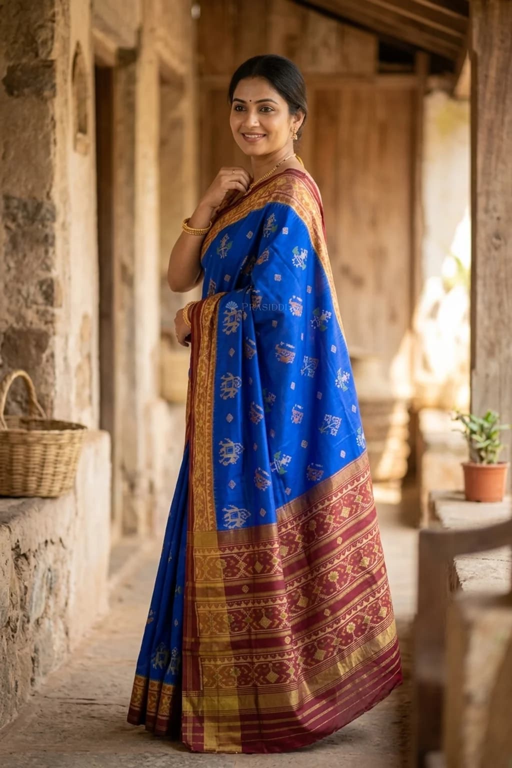 Royal Blue and Brown Patola Silk Saree with Classical Contrast Border – Model Displaying Full Saree