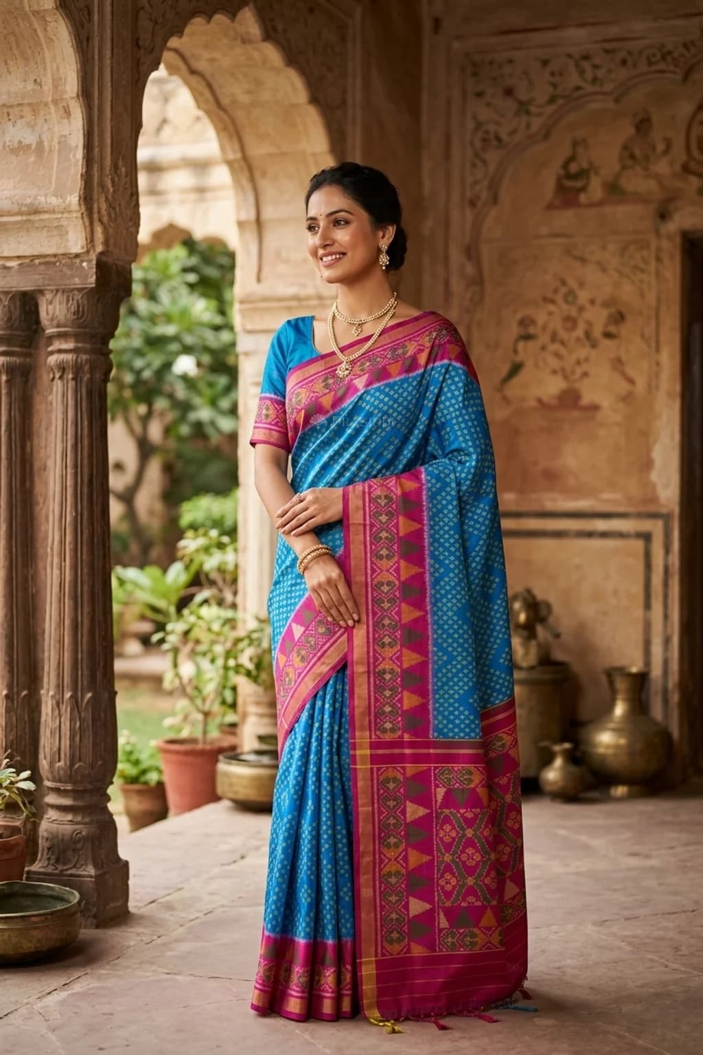 Royal Blue and Light Pink Patola Silk Saree with Contrast Border and Grand Pallu – Model Displaying Full Saree