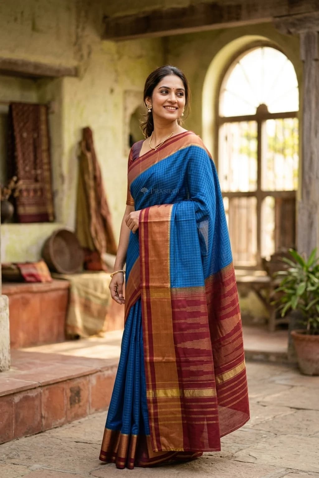 Royal Blue and Maroon Patola Silk Saree with Contrast Border and Grand Pallu – Model Displaying Full Saree