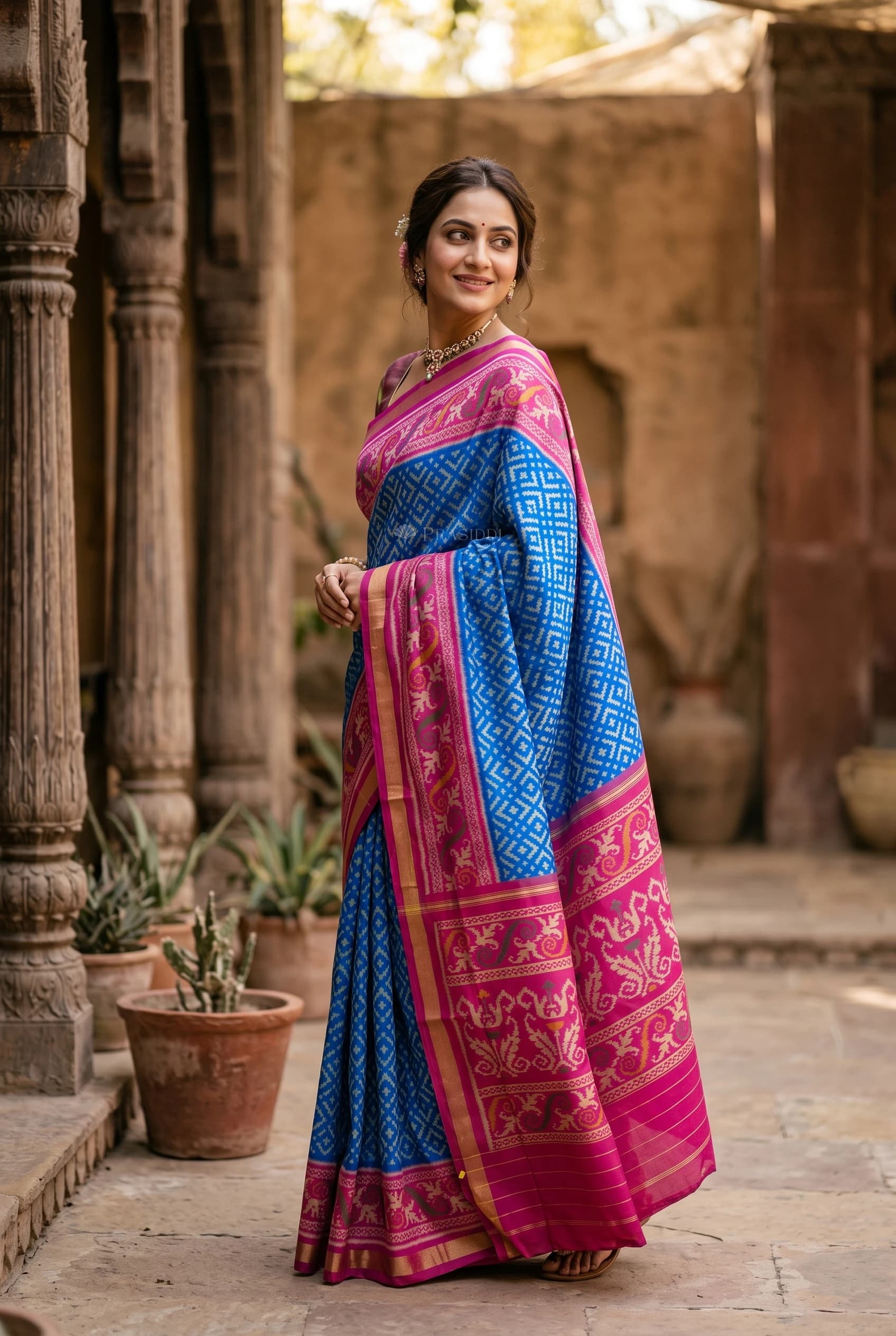 Royal Blue and Purple Patola Silk Saree with Classical Border – Model Displaying Full Saree