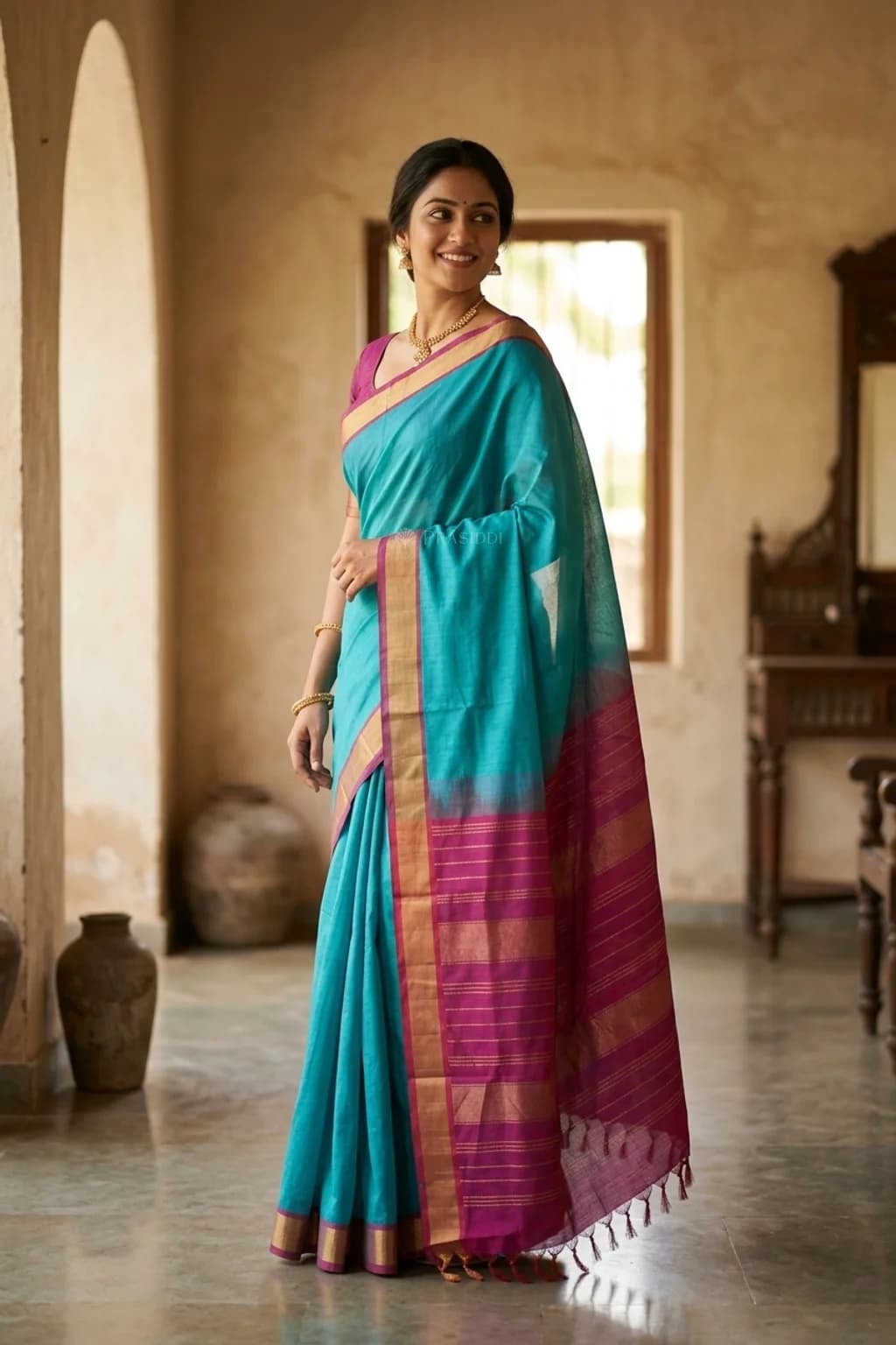Royal Blue and Purple Pattur Silk Cotton Saree with a Classical Contrast Border. – Model Displaying Full Saree