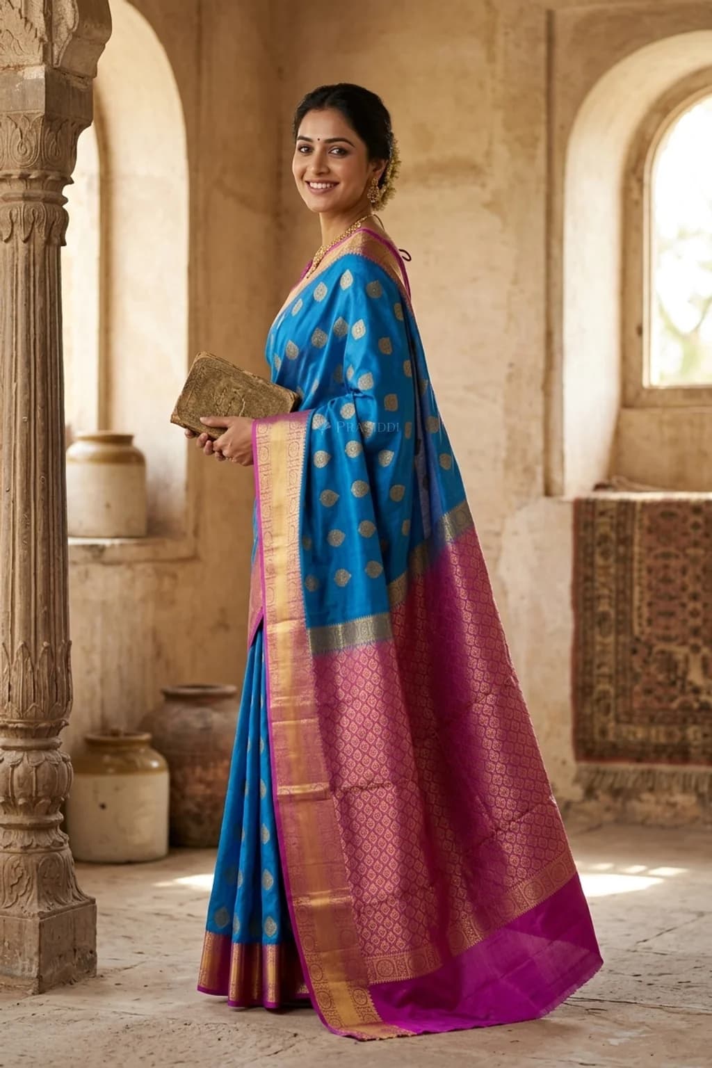 Royal Blue and Purple Silk Saree with Contrast Border and Woven Zari Design. – Model Displaying Full Saree