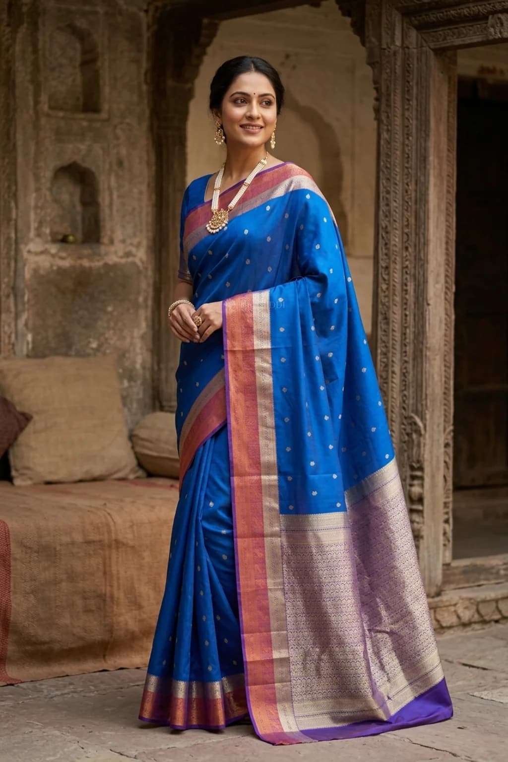 Royal Blue and Rust Silk Saree with Butti Motif and Designer Border – Model Displaying Full Saree