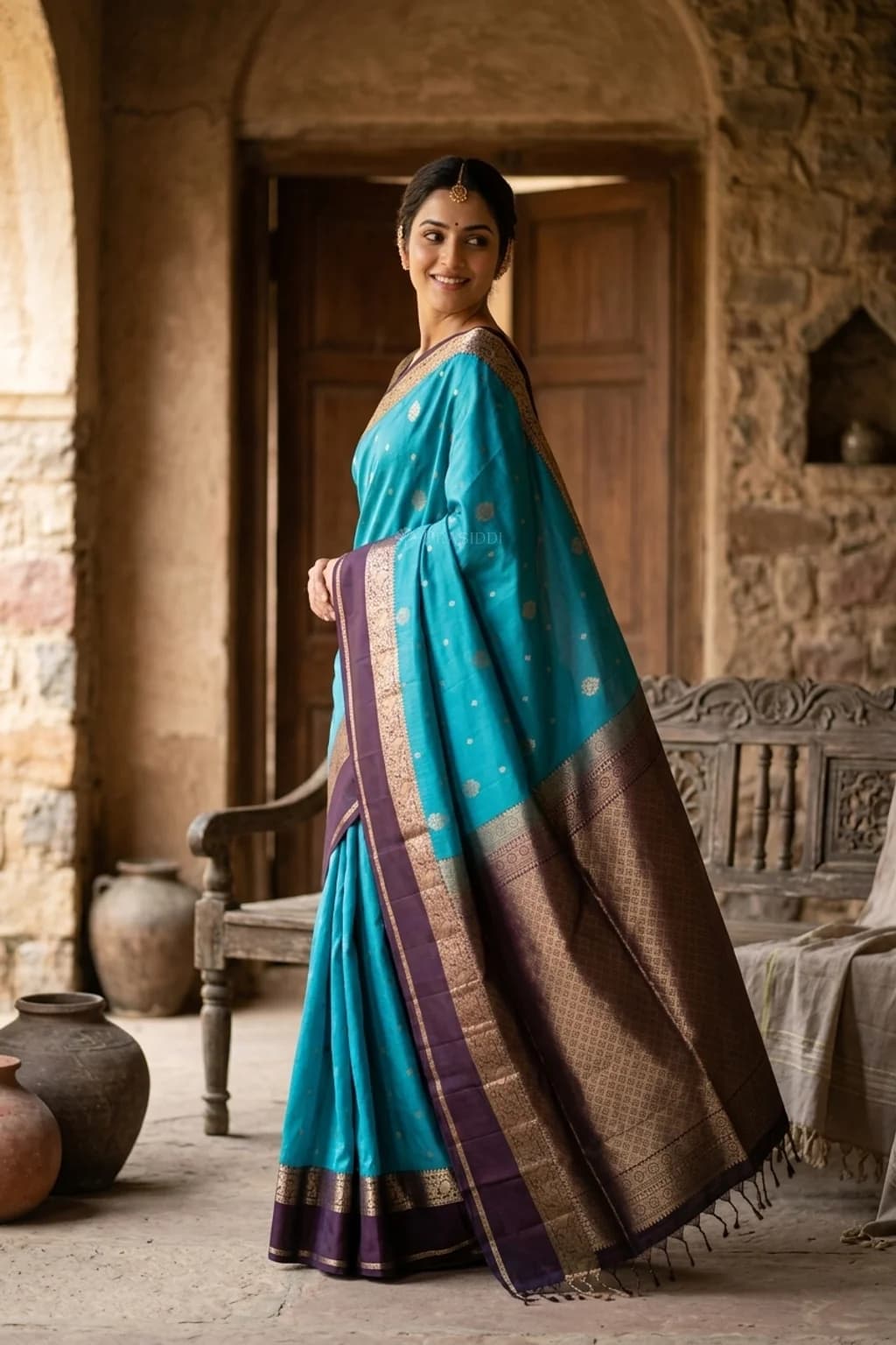 Royal Blue & Coffee Brown Soft Silk Saree with Woven Work and Butti Motifs and contrast border, designer border, double bord… – Model Displaying Full Saree