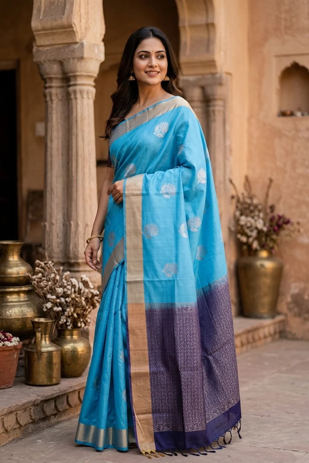 Royal Blue & Ink Blue Soft Silk Saree with Woven Work and Motif and tissue border – Model Displaying Full Saree