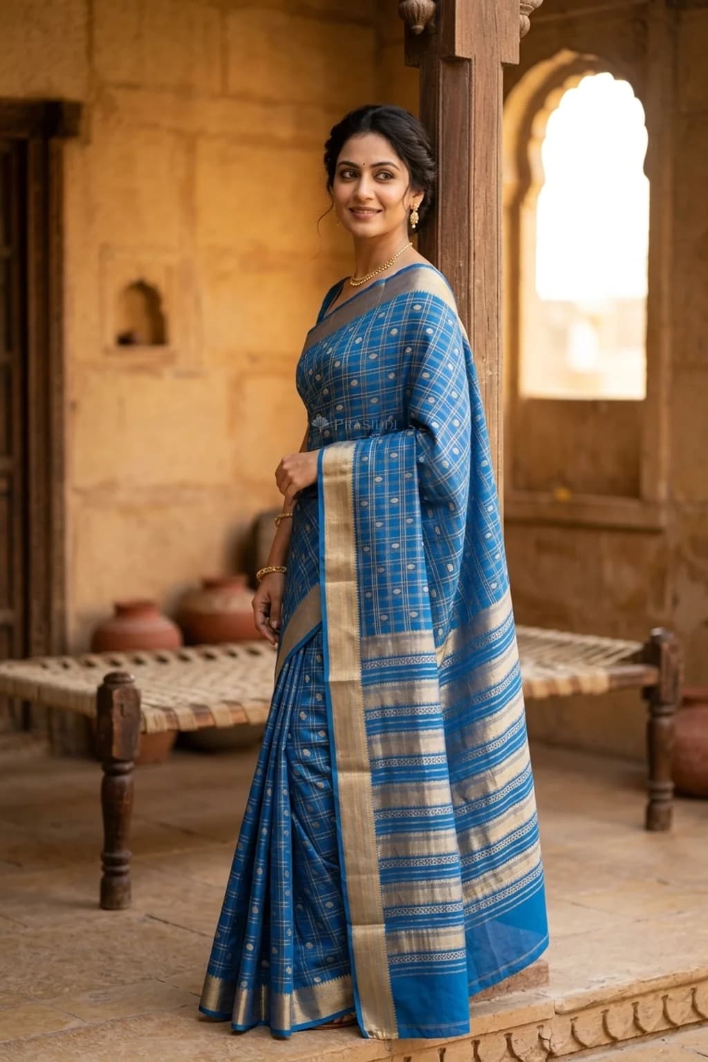 Royal Blue Mysore Silk Saree with Dense Woven Design and Rich Border – Model Displaying Full Saree